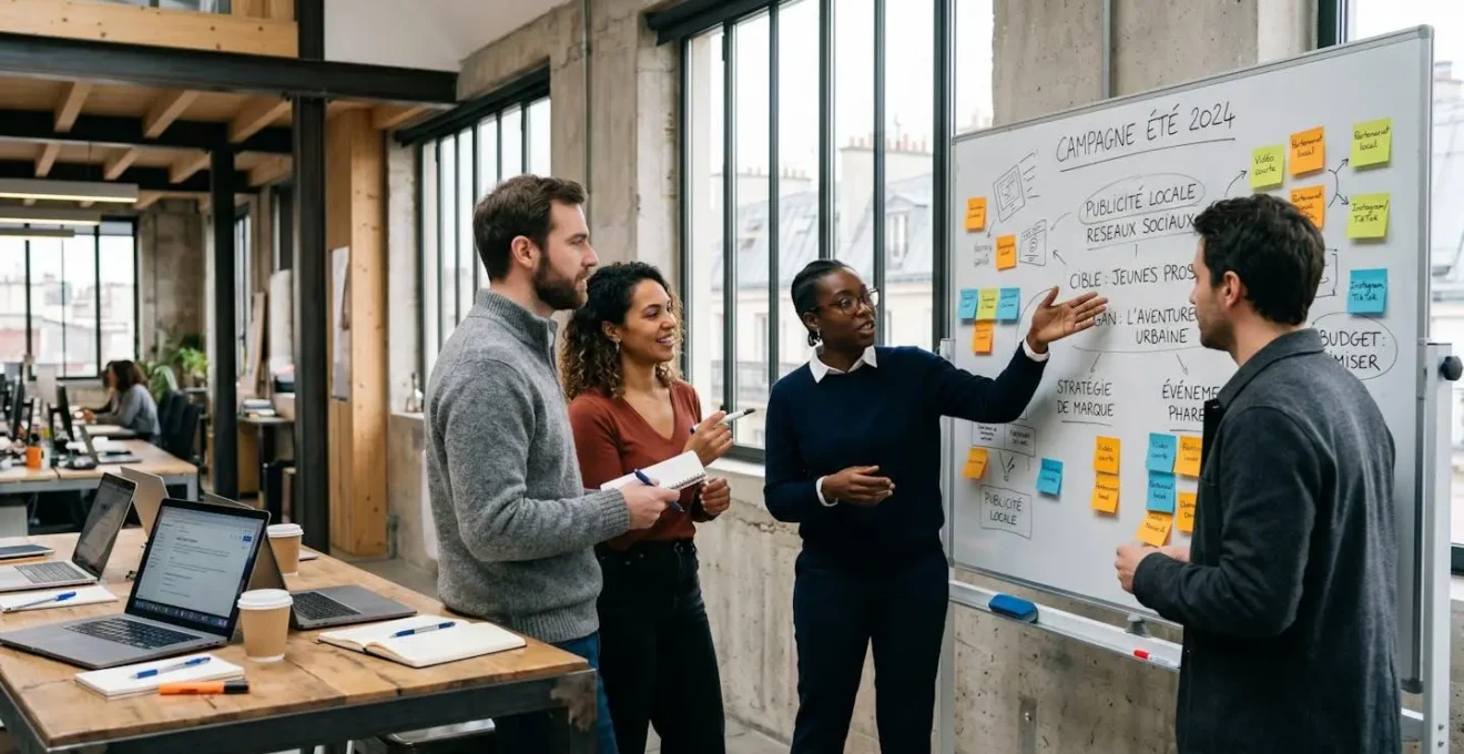 Équipe créative marketing en brainstorming collaboratif autour tableau blanc avec croquis campagne et Post-it dans agence parisienne contemporaine